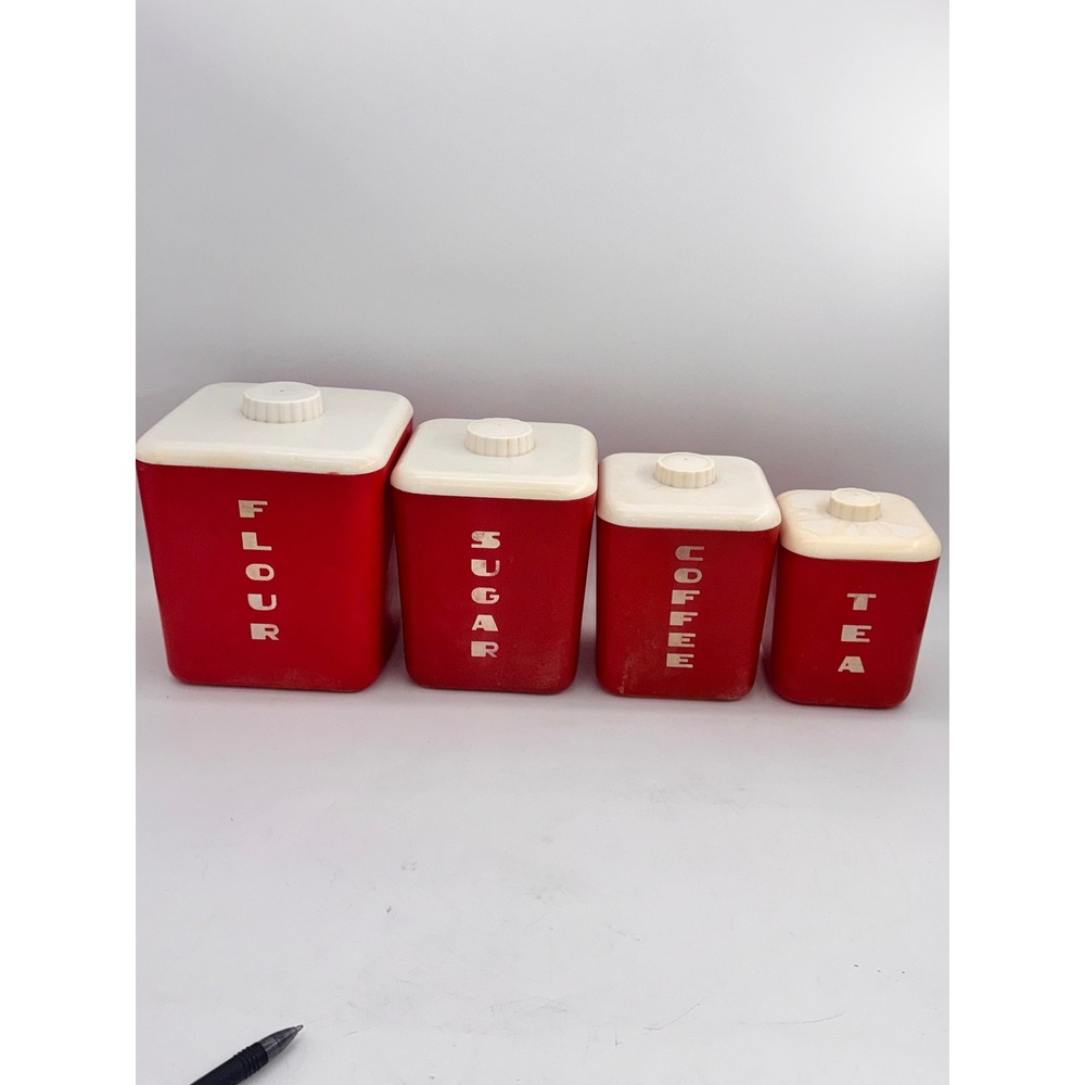 Vintage Lustro-Ware Red Canister Set of 4 Flour Sugar Coffee Tea Retro Kitchen